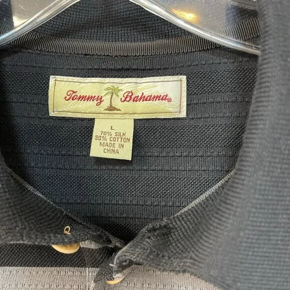 Tommy Bahama Polo Shirt Men’s Size Large Silk Blend Stripes Black and Gray - Picture 2 of 6